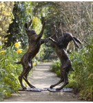 Bronze Hare Sculpture: Garden Boxing Hares by Sue Maclaurin