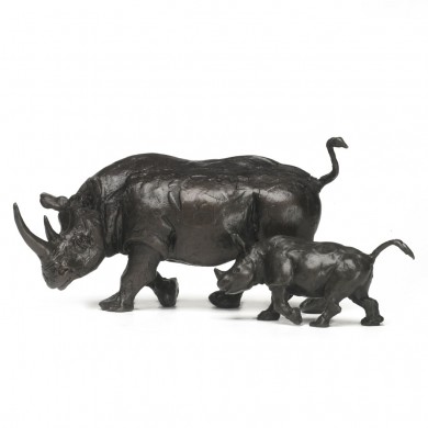 Bronze Rhinoceros Sculpture: Rhinoceros Mother and Baby by Jonathan Sanders
