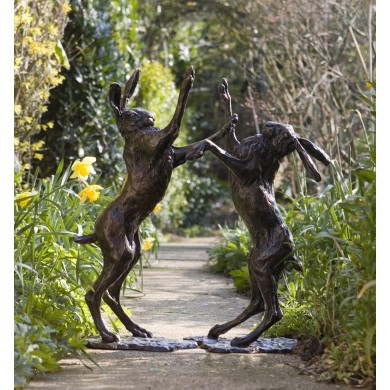 Bronze Hare Sculpture: Garden Boxing Hares by Sue Maclaurin