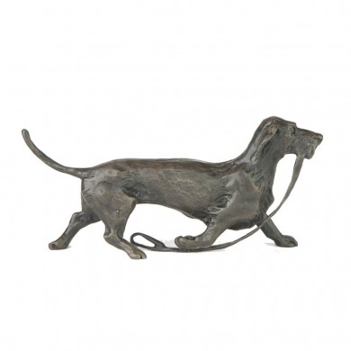 Bronze Dog Sculpture: Wire Haired Dachshund Trotting 