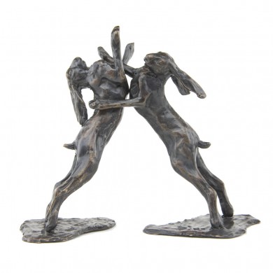 Bronze Hare Sculpture: Boxing Hares Maquette by Sue Maclaurin