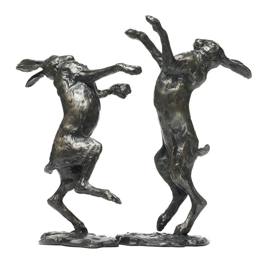 Magnificent Solid Bronze Hares Sculpture Large Boxing Hares by Sue