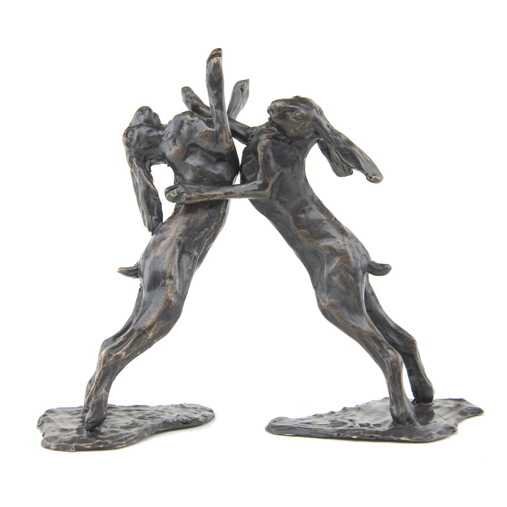 Bronze Hare Sculpture: Boxing Hares Maquette by Sue Maclaurin