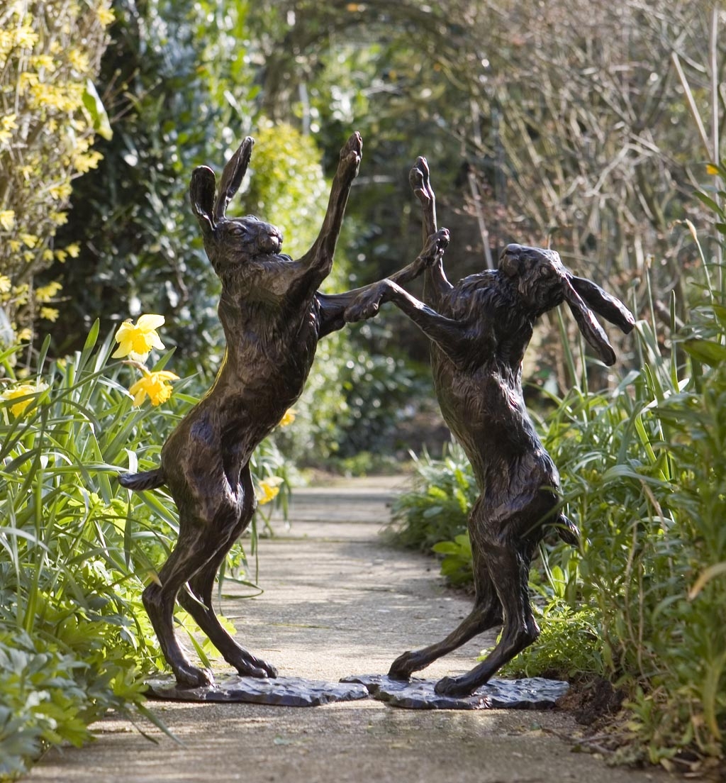 Bronze Hare Sculpture: Garden Boxing Hares by Sue Maclaurin