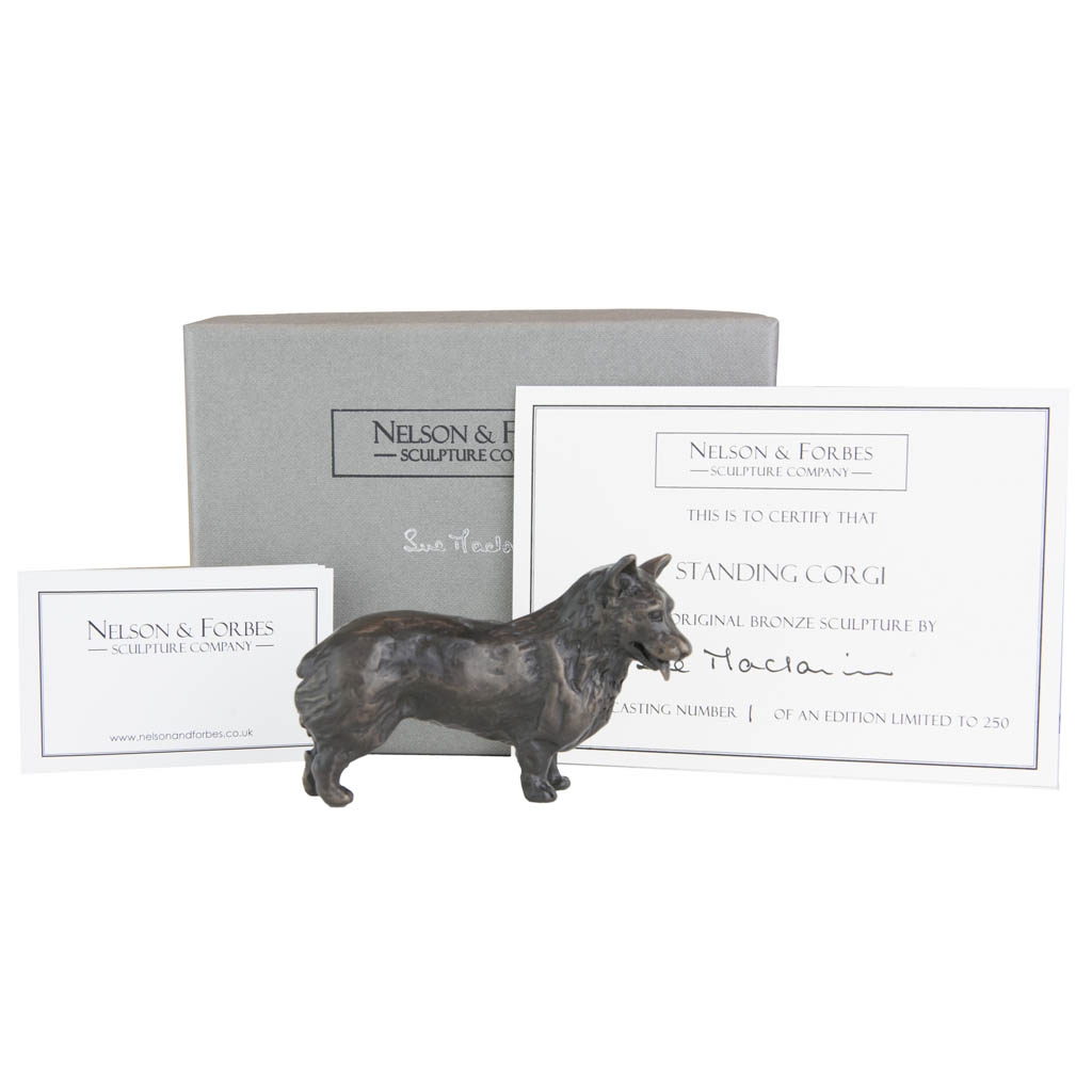 Bronze Dog Sculpture: Standing Corgi by Sue Maclaurin