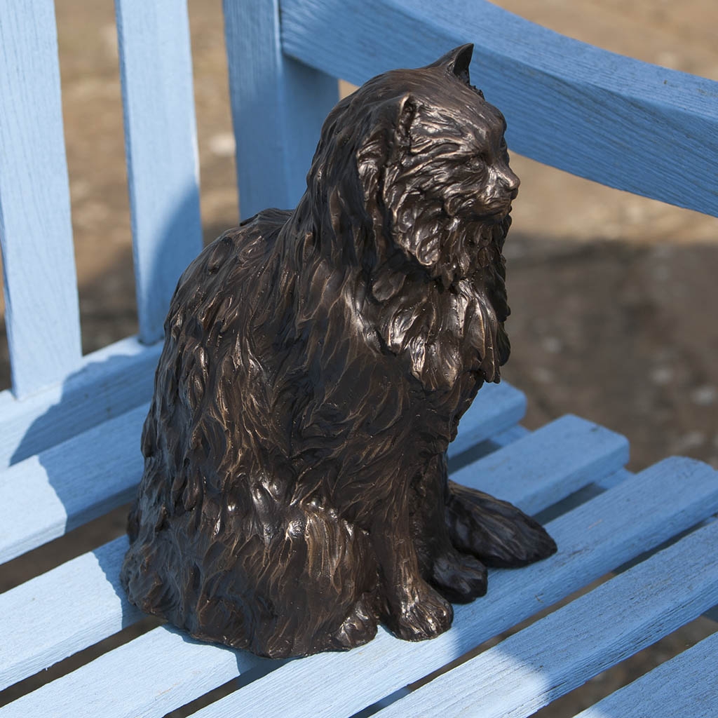 Bronze Cat Sculpture: Garden Long Haired Sitting Cat (Life Sized) by Sue Maclaurin